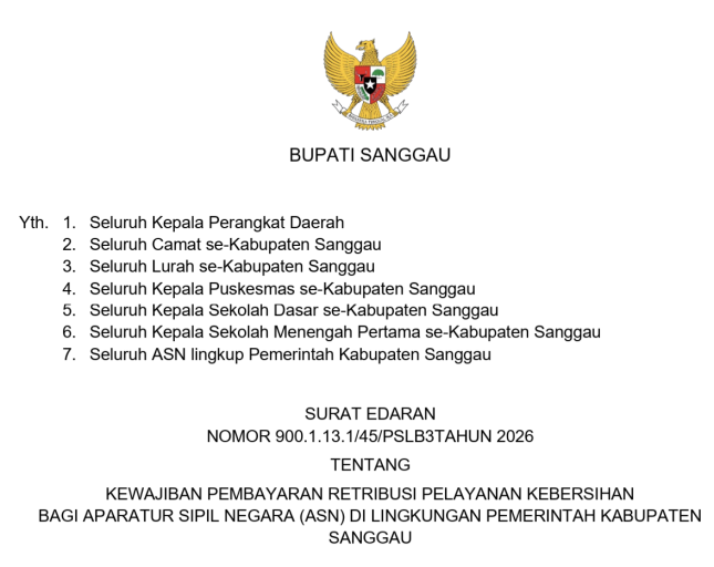 KEWAJIBAN PEMBAYARAN RETRIBUSI PELAYANAN KEBERSIHAN BAGI APARATUR SIPIL NEGARA (ASN) DI LINGKUNGAN PEMERINTAH KABUPATEN SANGGAU