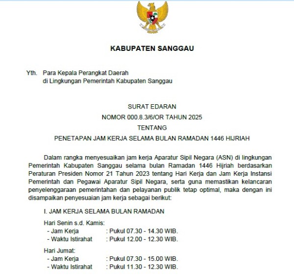 PENETAPAN JAM KERJA SELAMA BULAN RAMADAN 1446 HIJRIAH