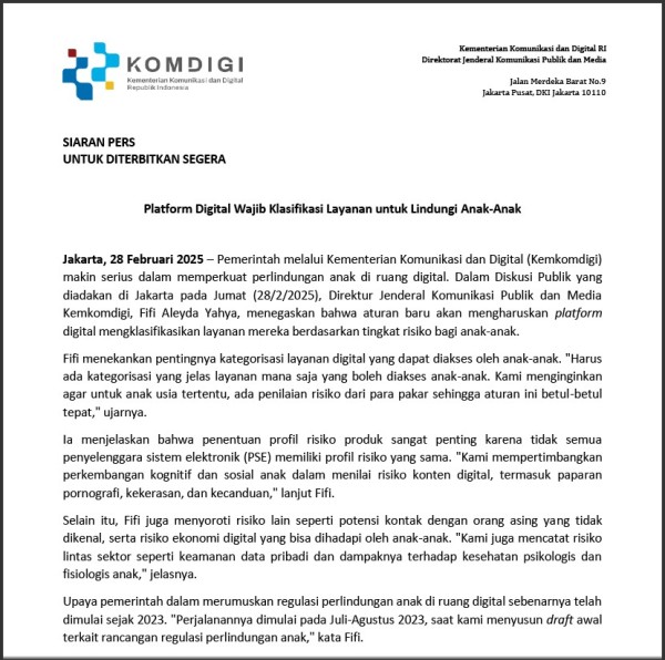 [SIARAN-PERS-280225] - DIRJEN KPM PERLINDUNGAN ANAK