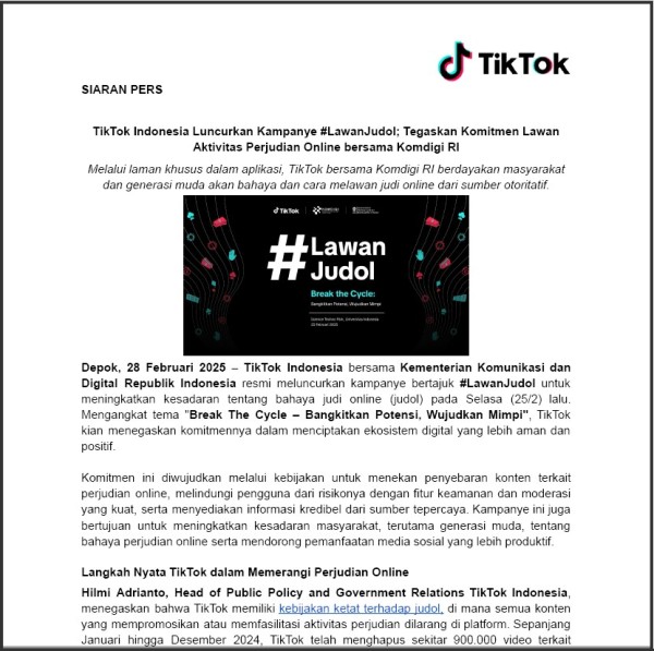 [PRESS RELEASE] TikTok #LawanJudol